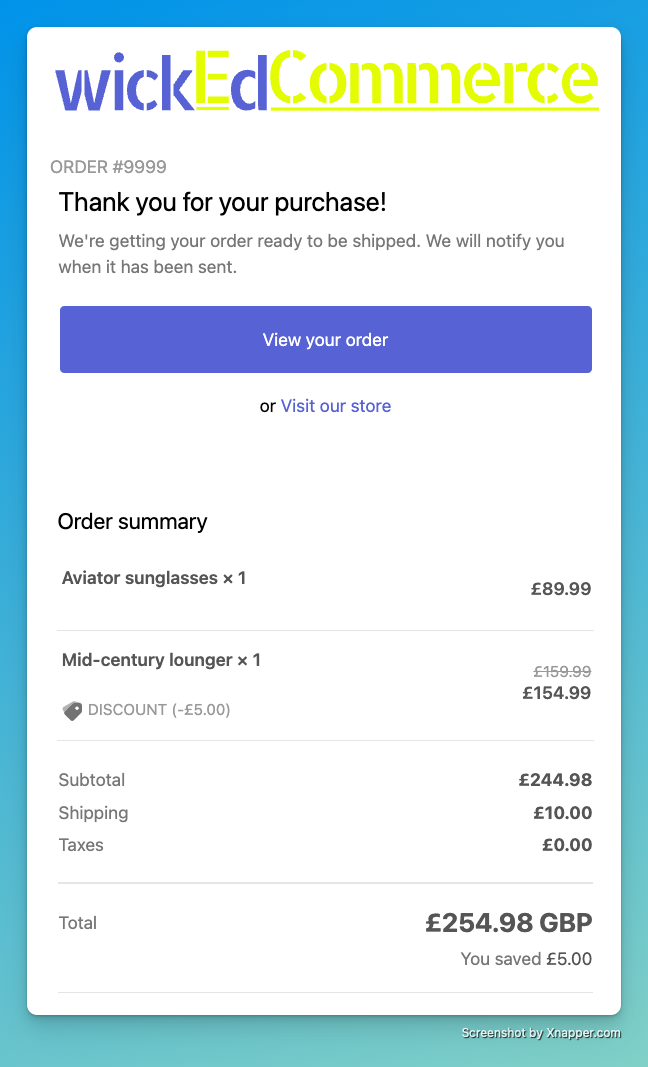 The same order confirmation email with the wickEdCommerce logo at the top and a purple button