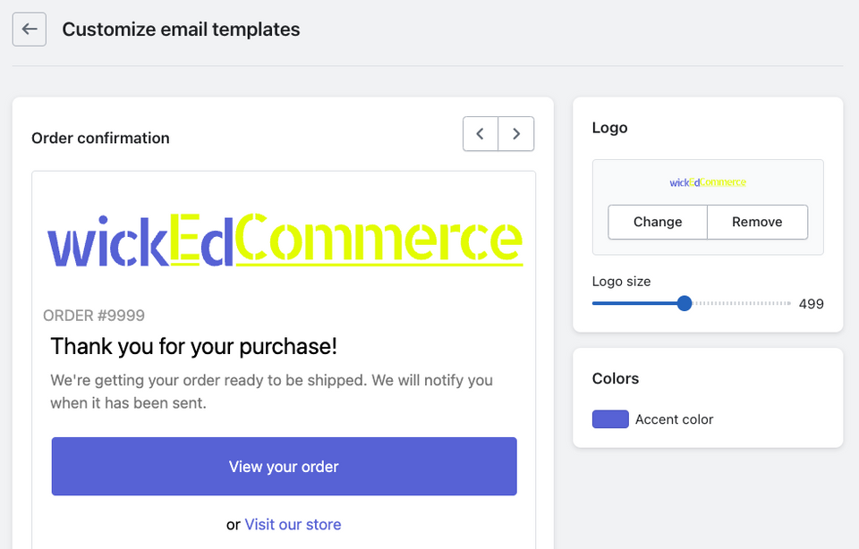 The Customize email templates screen in Shopify admin, showing the logo and accent colour settings