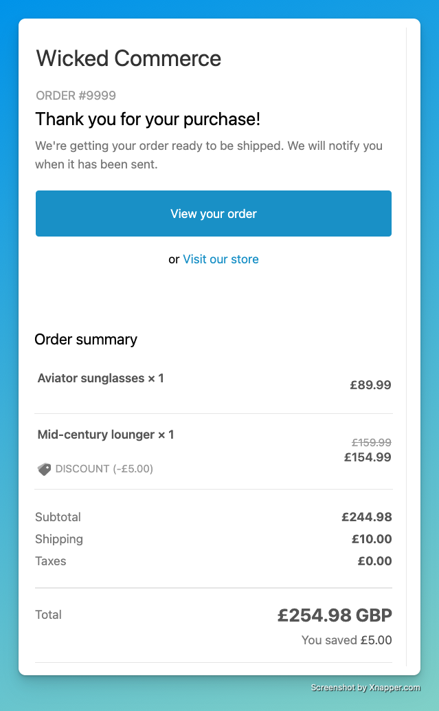 Shopify order confirmation email with a plain text store name at the top and a blue button